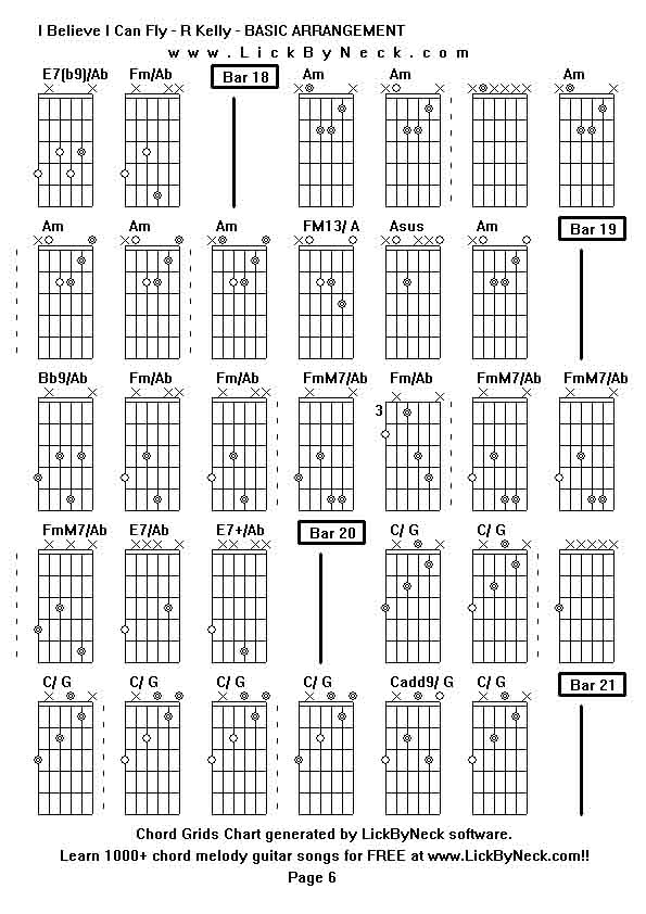 Chord Grids Chart of chord melody fingerstyle guitar song-I Believe I Can Fly - R Kelly - BASIC ARRANGEMENT,generated by LickByNeck software.